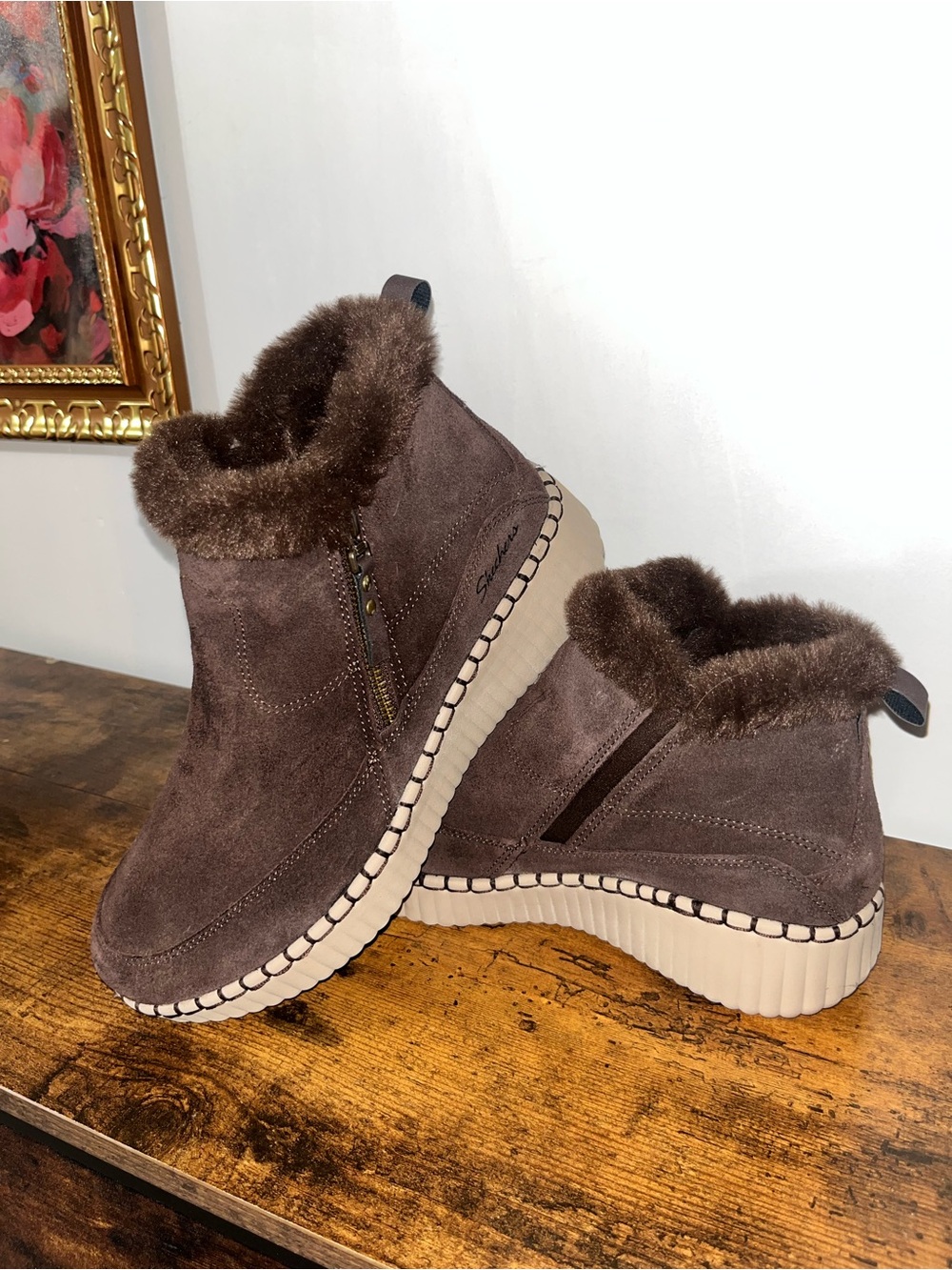 Skechers Brown Suede Fur-Trim Wedge Ankle Boot size 8